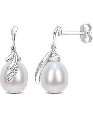 Amour 8-8.5Mm Freshwater Cultured Pearl And Diamond Accent Feather Earrings - White