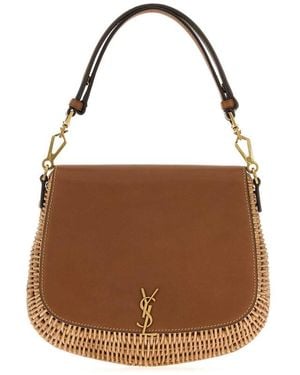 Saint Laurent Two-Tone Wicker And Leather Voltaire Handbag - Brown
