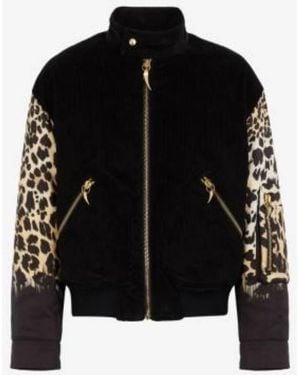 Roberto Cavalli Leopard Sleeve Padded Bomber Jacket - Black