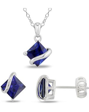 Amour 3 3/4 Ct Tgw Square Created Sapphire Wave Pendant With Chain And Stud Earrings 2-Piece Set - Blue