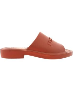 Ferragamo Giuneva Logo Embossed Slides - Brown