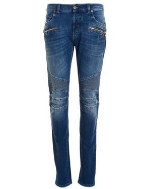 Balmain Ribbed-Detail Skinny Jeans, Waist - Blue