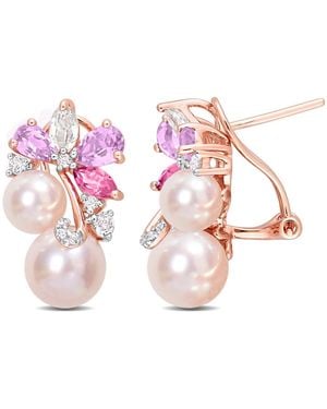 Amour Cultured Freshwater Pearl & 2 1/2 Ct Tgw Rose De France And Topaz Earrings In18K Rose Plated Sterling - Pink