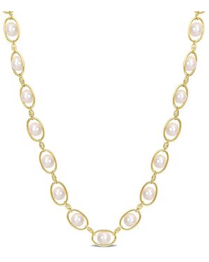 Amour 8-8.5Mm Freshwater Cultured Pearl And 1/3 Ct Tgw Cubic Zirconia Oval Link Necklace - Metallic