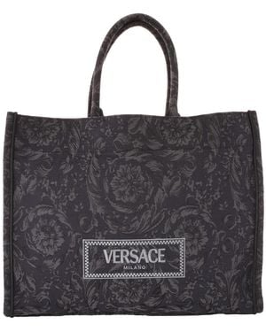 Versace Embroidered Logo Canvas Tote Bag - Black