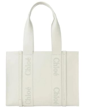 Chloé Woody Leather Logo Tote Bag - White