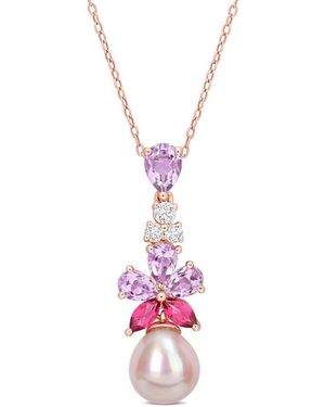 Amour 9.5-10Mm Freshwater Cultured Pearl 2 3/8 Ct Tgw Rose De France And And Topaz Floral Drop Pendant - Pink