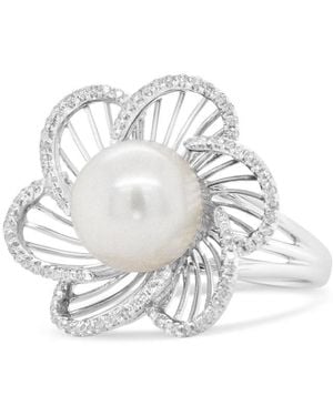 Haus of Brilliance 14K 11Mm Round Pearl And 1/3 Cttw Round Diamond Openwork Flower Blossom Ring - White