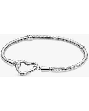 PANDORA Snake Chain Sterling Bracelet With Heart Clasp - Metallic