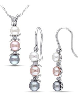 Amour 2-Pc Set Of Dyed, And Cultured Freshwater Pearl And Diamond Drop Earrings And Pendant With Chain - White