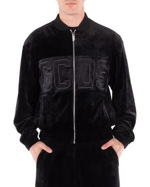 Gcds Logo-Embroidered Velvet Zip-Up Sweatshirt - Black