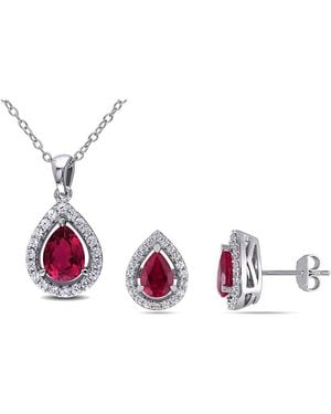Amour 4 7/8 Ct Tgw Created Ruby And Created Sapphire Teardrop Halo Pendant With Chain And Stud Earrings 2-Piece Set - Pink