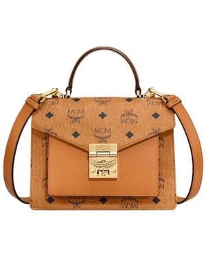 MCM Small Tracy Visetos Satchel - Brown