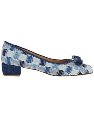Ferragamo Varina Checked Block-Heel Court Shoes - Blue