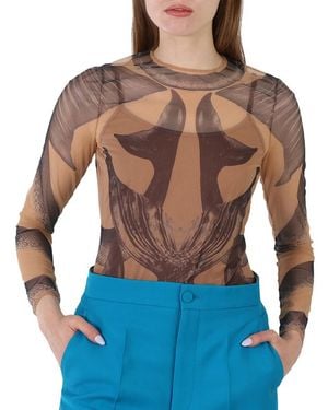 Burberry Ladies Mermaid Tail-Print Tulle Long Sleeve Bodysuit - Blue