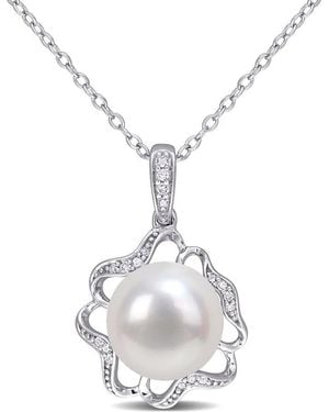 Amour 9.5-10Mm Freshwater Cultured Pearl And Diamond-Accent Floral Pendant With Chain - White