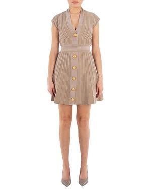 Balmain V-Neck Ribbed Mini Dress, Brand Size 36 (Us - Natural