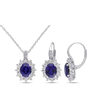 Amour 2-Pc Set Of 12 1/10 Ct Tgw Created And Created Sapphire And Diamond Halo Pendant With Chain And Leverback Earrings 2-Piece Set - Blue