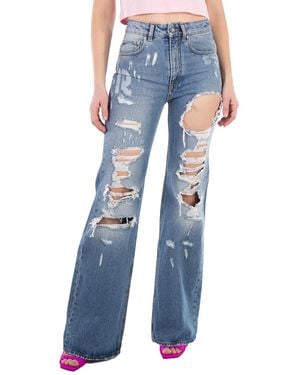 Rabanne Ladies Ripped-Detailing Cotton Wide-Leg Jeans, Waist - Blue
