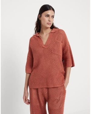 Brunello Cucinelli Rust Openwork Cotton Sweater, Size X-Large - Red