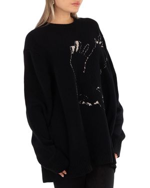 Y's Yohji Yamamoto Ys Wool Crow Motif Long-Sleeved Pullover, Brand Size 2 (Medium) - Black