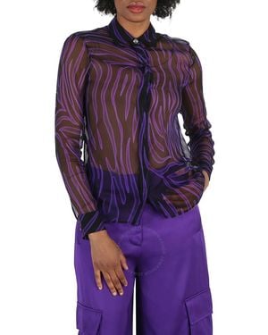 Versace Ladies Allover Long-Sleeve Sheer Silk Shirt - Purple