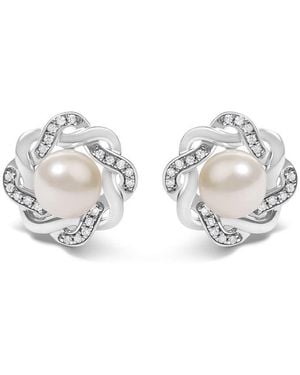 Haus of Brilliance Sterling Pearl And 1/10 Cttw Diamond Floral Twist Stud Earrings - Metallic