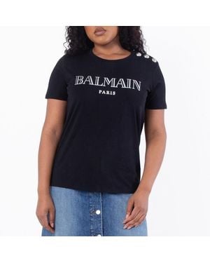Balmain Logo Print Buttoned T Shirt - Black