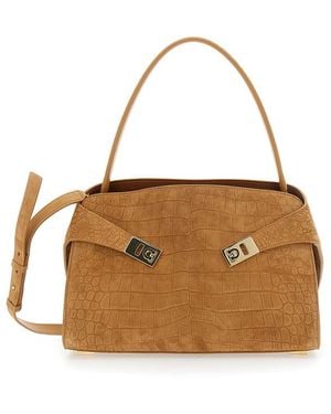 Ferragamo Ginevra Shoulder Bag With Adjustable Strap And Crocodile-Embossed Effect - Brown