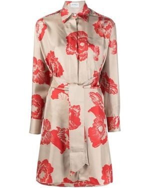 Ferragamo Floral Print Belted Shirt Dress - Red