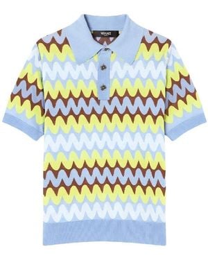 Versace Jacquard Wave Knit Polo Shirt, Brand Size 50 Us - Blue