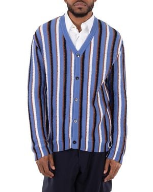 Marni V-Neck Stripe-Pattern Cotton Cardigan - Blue