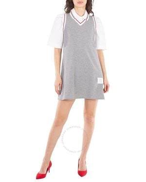 Thom Browne Classic Pique Stripe V-Neck Tennis Dress, Brand Size 36 (Us Size 0) - Grey