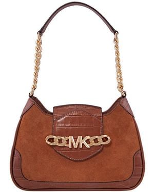 Michael Kors Ladies Hally Small Suede And Crocodile Embossed Shoulder Bag - Brown