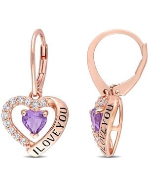 Amour C1 1/2 Ct Tgw Amethyst And Topaz Heart 'I Love You' Leverback Earrings - White