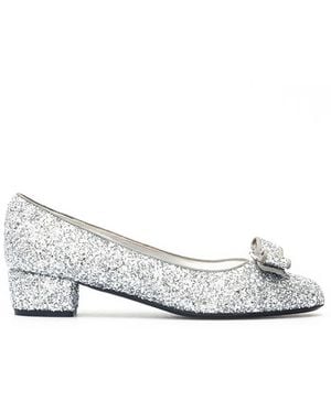 Ferragamo Salvatore Vara Bow Glitter Pump Shoes, Brand Size 5.5 - Metallic