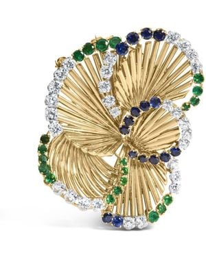 Haus of Brilliance 18K 2 1/3 Cttw Diamond, Sapphire, And Emerald Sculpted Petal Brooch Pin - Metallic