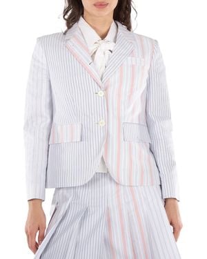 Thom Browne Ladies Patchwork Striped Cropped Blazer - White