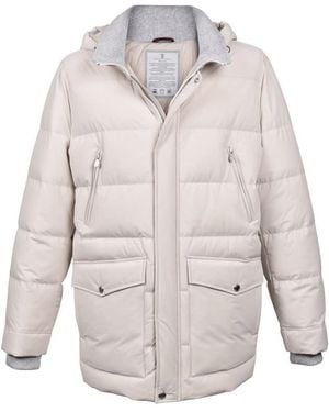 Brunello Cucinelli Off Quilted Down Parka Jacket, Size Large - Gray