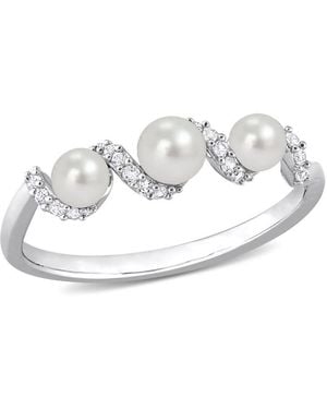 Amour Cultured Freshwater Pearl And 1/4 Ct Tgw Created Sapphire Swirl Ring - Metallic