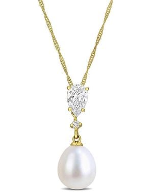 Created Forever 8-8.5Mm Cultured Freshwater Pearl And 1/2 Ct Tw Lab-Grown Diamond Drop Pendant With Chain - Metallic