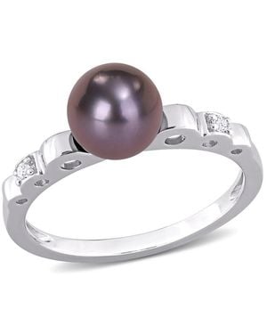 Amour 7-7.5Mm Freshwater Cultured Pearl And Topaz Ribbed Design Ring - Metallic