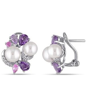 Amour Amethyst, Rose De France, Created And Created Sapphire And Cultured Freshwater Pearl Cluster Earrings - Metallic