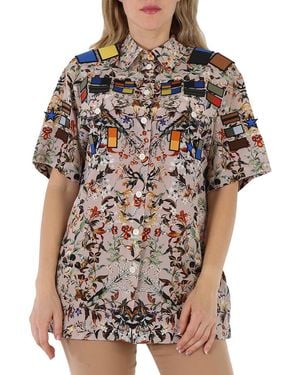 Burberry Badge Appliques Iris Floral-Print Silk Crepe De Chine Oversized Shirt, Brand Size 8 (Us - Brown