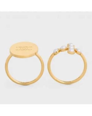 Celine Triomphe Folk Finish Brass And Resin Pearl Ring Set Of 2 - Metallic