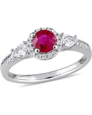 Amour Round Ruby And Pear Shape Sapphire 3-Stone Ring With 1/8 Ct Tw Diamond Halo And Accent - Metallic