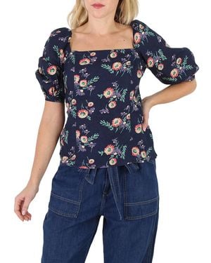 Polo Ralph Lauren Ladies Floral Print Linen Puff Sleeve Blouse - Blue