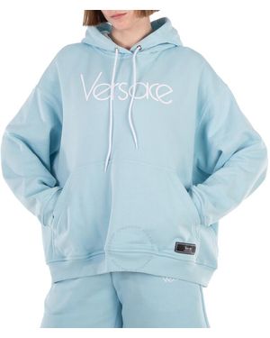 Versace Logo-Embroidered Drawstring Hoodie - Blue