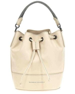 Brunello Cucinelli Cream Leather Drawstring Bucket Bag - Natural