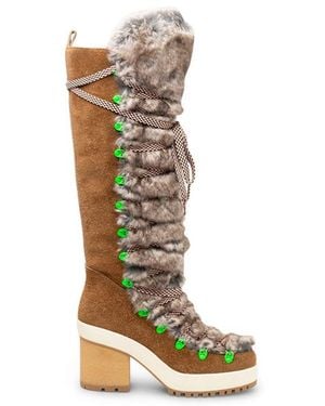 Hogan Fur-Trimmed Lace-Up Knee-High Boots - Natural